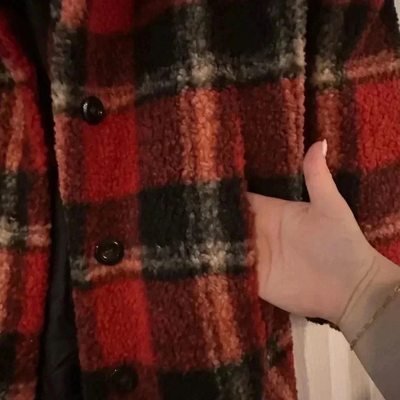 LOVE TREE BURNED ORANGE PLAID TEDDY SHERPA COAT - Picture 4 of 7